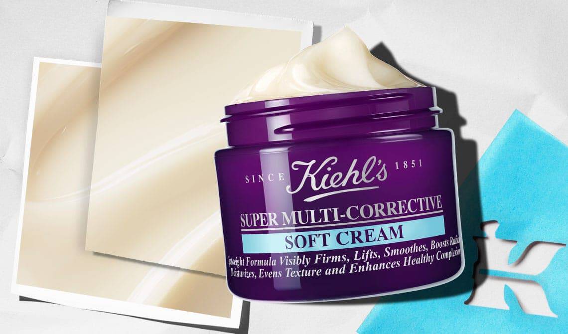Open jar of Kiehl’s Super Multi-Corrective Soft Cream with texture examples in the background