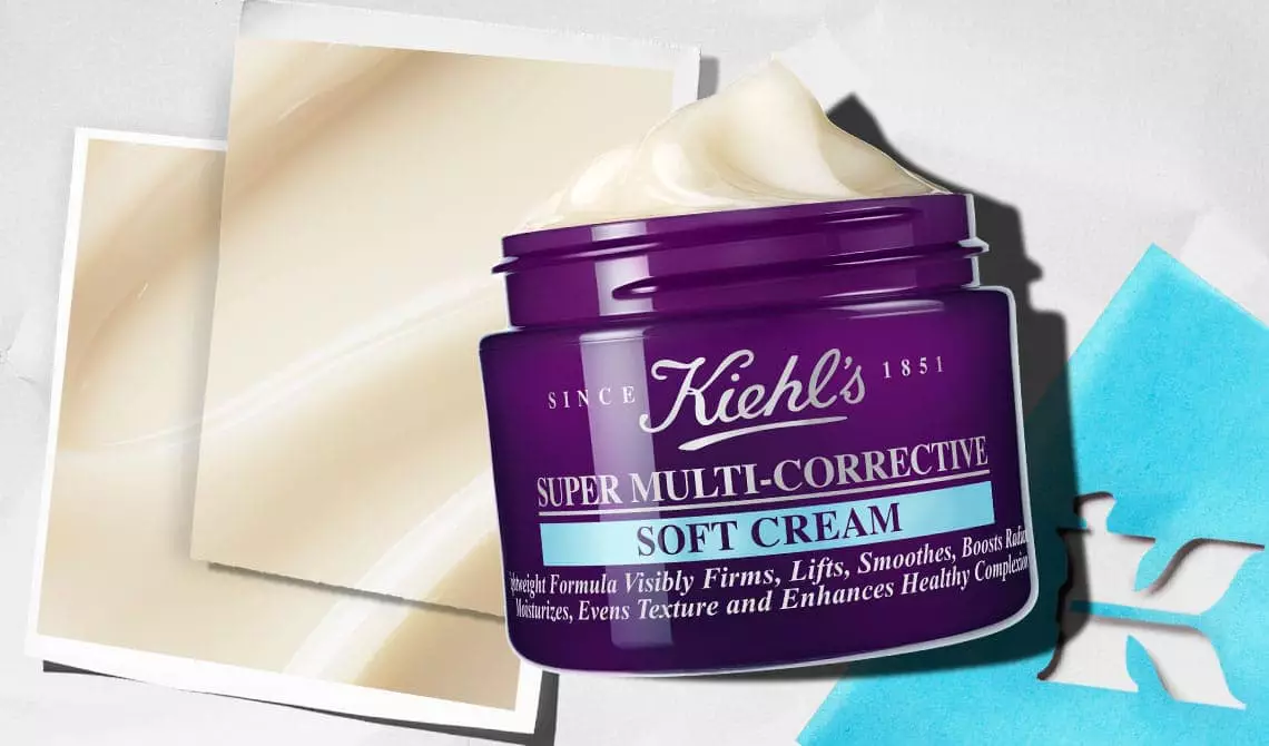 Open jar of Kiehl’s Super Multi-Corrective Soft Cream with texture examples in the background