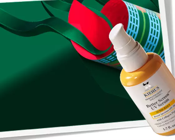 Kiehl's promotional banner for protective suncare featuring Better Screen UV Serum against a green background with holiday ribbons.