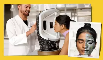 Kiehl's skincare specialist uses a skin analysis device to provide a personalized consultation. A split-face image illustrates the digital mapping of skin concerns for targeted treatment.