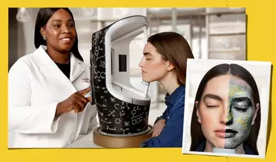 Kiehl's skincare specialist uses a skin analysis device to provide a personalized consultation. A split-face image illustrates the digital mapping of skin concerns for targeted treatment.