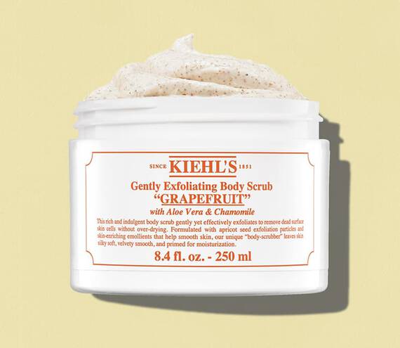 Open jar of Kiehl’s Gently Exfoliating Body Scrub “Grapefruit”