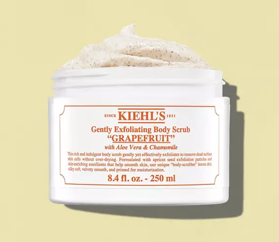 Open jar of Kiehl’s Gently Exfoliating Body Scrub “Grapefruit”