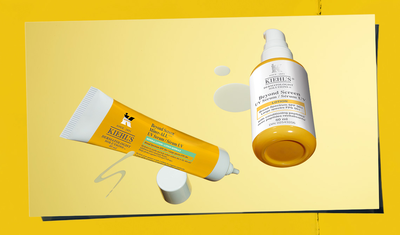 Kiehl’s Better Screen™ skincare products displayed on a yellow background, highlighting sun protection and serum benefits.