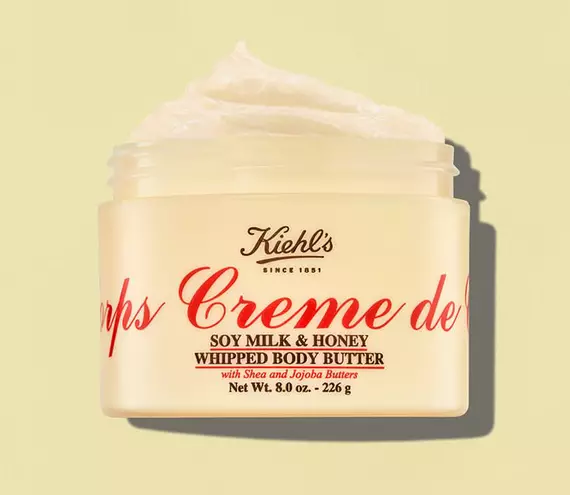 Open jar of Kiehl’s Creme de Corps Soy Milk & Honey Whipped Body Butter